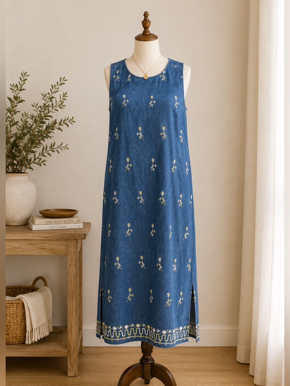 Embroidered Chambray Midi Dress Blue Cottagecore Boho Sleeveless Denim Dress M